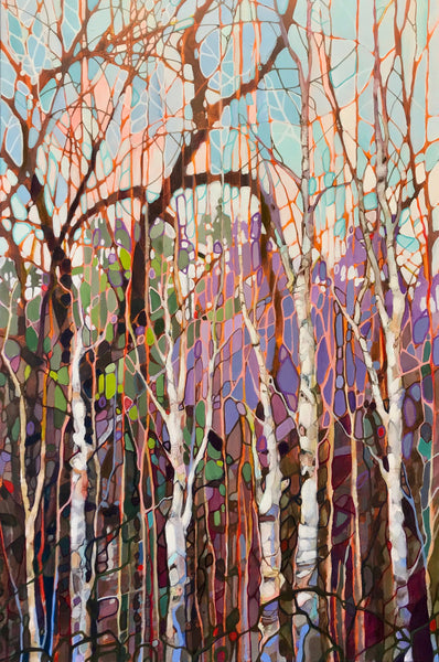 This acrylic painting on 1 1/2" gallery canvas, 24" x 36", by Nancy L Moore was completed during the Covid 19 pandemic in her familiar stained glass style. It portrays the view from the gallery loft from which it was painted. Views of strong birch trees and an old willow make up this colourful, peaceful Canadian landscape. Make it yours today as it is perfect for any office or home! 